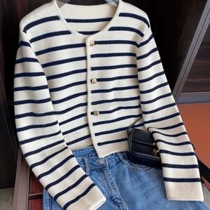 Black and White Striped Cardigan Sweater